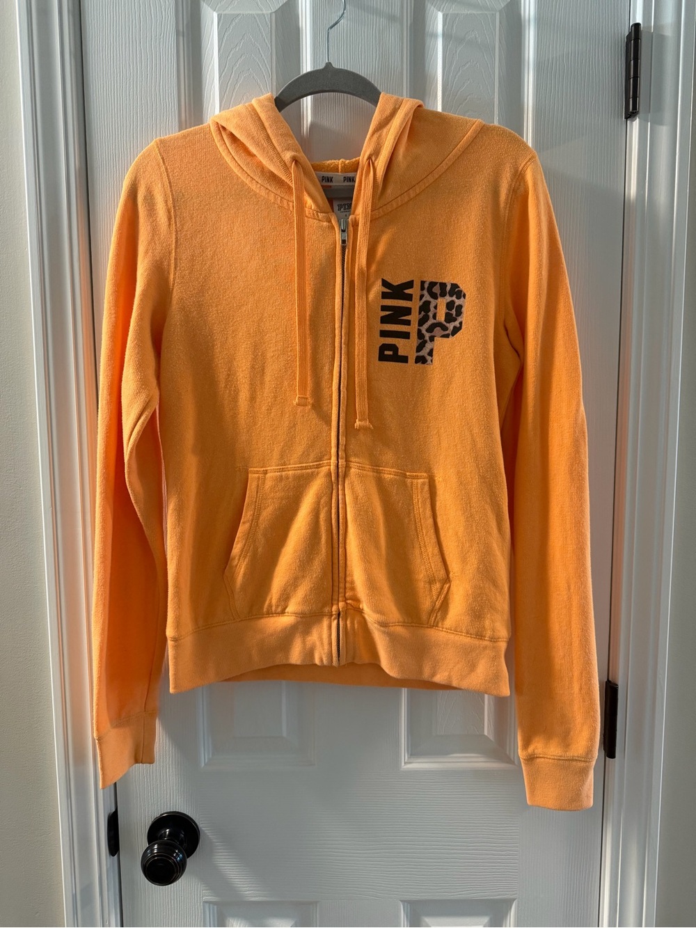 PINK Victoria's Secret Orange Zip-Up Hoodie with Leopard P Logo